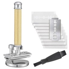 男士復古銅質手動刮鬍刀，老式金屬剃須刀，安全刮毛刀，經典男士理容, 01水紋間金色套裝(10刀片+掃), 1個