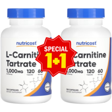 1+1 뉴트리코스트 L-카르티닌 타르타르산염 캡슐 120정 / 해외직구 미국정품, 2개
