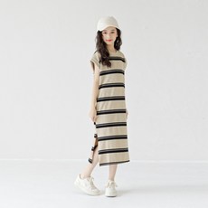 BROWMODA 여아 캐주얼 데일리 무늬 루즈핏 반팔 롱 원피스