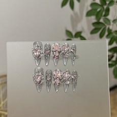 黑糖碎閃 純手工穿戴甲 粉鑽長尖假指甲貼片 銀色, 1個, 216黑糖碎闪-长尖,L