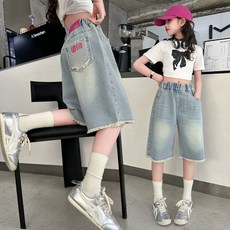 優選# 女童褲薄款牛仔短褲兒童寬鬆五分褲中大童蕾絲中長褲女童褲薄款牛仔短褲兒童寬鬆五分盤
