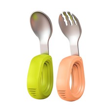雪倫小舖 Hogo禾果 兒童餐具 304不鏽鋼圓柄叉勺餐具組 寶寶學習湯匙, 綠+橘, 1個, F