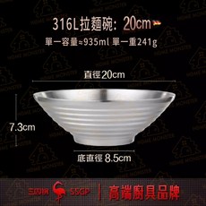 【麵攤指定】大容量防燙泡麵碗 拉麵碗, 1個, 316不鏽鋼-20cm