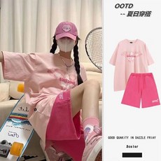 KUKU 多巴胺穿搭套裝女 ins 網紅爆款短袖T恤上衣玫紅色五分運動褲兩件套夏天套裝