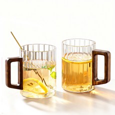 홈카페 우드 손잡이 내열유리 플리츠 머그컵, 2개, 우드핸들 머그잔 450ml