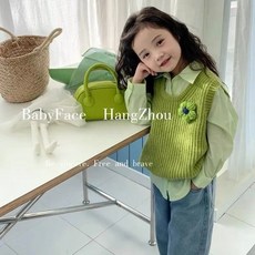 Olli kids女童背心套頭春裝 新款韓版純色針織馬甲 兒童網紅上衣