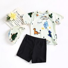 남아 래쉬가드 반팔+반바지+모자 쓰리피스 수영복 세트
