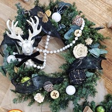 小香風麋鹿永生聖誕花圈 25/35公分 現貨 聖誕節裝飾 永生花不凋謝, 1個