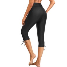 Holipick 여성용 플러스 사이즈 수영 카프리 하이 웨이스트 수영 팬츠 드로스트링 UPF50+ 롱 수영 반바지 퓨어 블랙.