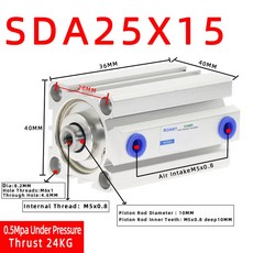SDA 타입 보어 암컷 컴팩트 에어 공압 피스톤 실린더 더블 액팅 SDA25 25mm 스트로크 5mm 10mm 20mm 25mm 30mm 40mm 50mm 55mm 60mm 65m, [10] Stroke 15mm, 1개
