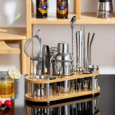 不鏽鋼雞尾酒調酒器套裝 雪克杯家用手搖專業調酒器具, 1個, 350Ml調酒套裝（23件套木架）