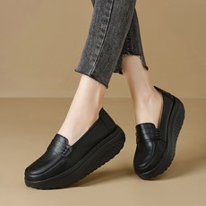 POMTOR 여성 신발 초경량 키높이 슬립온 통굽 로퍼 단화