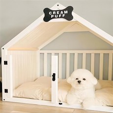 Runcats런캐츠 강아지집 원목재질 실내 사계절 사용가능 문이 달리는 럭셔리한 개집 별장 급속 설치 심플한 스타입과 통기성 좋은 스타입중 선택가능, A타입-심플한 타입-백아이보리-하얀지붕, M(65*54*72) 쿠션, 1개