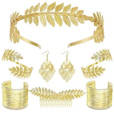 LOREMOW 8피스 그리스 여신 코스튬 액세서리 세트 여성용 황금 월계수 잎 머리띠 팔 커프 팔찌 드롭 댕글 귀걸이 금박 신부 헤어 빗 웨딩 파티 미디엄 메탈 133233