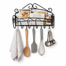 ECLATIS 바구니와 후크 5개가 있는 벽걸이 모던 키친 주방 효율적인 수납 정리함 단철 레시피 및 식기 홀더 주걱 스푼 요리 도구용 27.9 x 19.7cm11 7.7, 바구니와 후크 5개가 있는 벽걸이 모던 키친 주방 효율