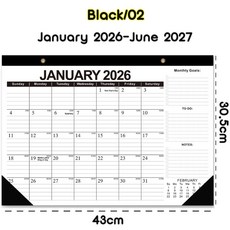 大型 2026-2027 挂歷台歷 Jan 2026 至 Jun 2027 18 個月日曆, 1個, Black/2026.01-2027.0