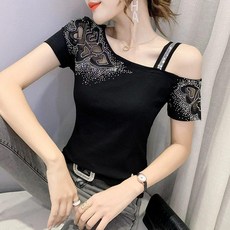 여성라인댄스복 상의 라틴 스포츠 댄스 반팔 빅사이즈 어깨트임 스팽글 언밸런스 슬림핏 메쉬 반짝이 유니크