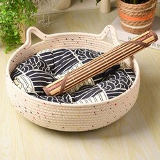 여름용 라탄 고양이집 사계절 사용 가능 쿨 고양이 스크레쳐 하우스, 1개, 블루 쿠션+쿨링 매트