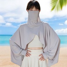 冰絲防曬披肩 附面紗 抗UV 透氣 涼感 夏季 薄款 寬鬆 遮陽, 1個, 水霧灰面紗一體-原紗涼爽附測試卡,均碼【適合47.0-85.0公斤】, 水霧灰