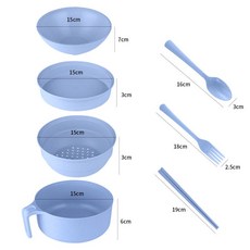 桃園發運 小麥秸稈餐具 泡麵碗帶蓋餐具 大號碗筷學生上班族便攜飯盒套裝, 北歐藍六件套+濾湯+菜格, 1個