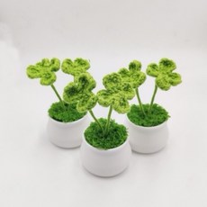 작고 귀여운 털실 뜨개질 세잎 네잎 클로버 화분, 1개, 연두