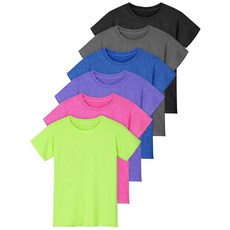 Poroka 6팩 여아용 운동용 셔츠 반소매 티셔츠 크루넥 드라이핏 액티브웨어 티 탑 캐주얼 셔츠 네온 옐로우 푸시아 로열 블루 그레이프 블랙 다크 그레이 7~8세