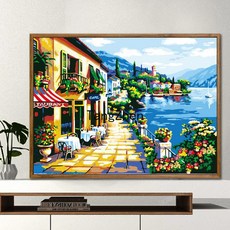 【TangZhen】유화그리기 유화그리기세트 디지털 유화 풍경 지중해 대폭 거실 야색 디지털 채색 손그림 장식화 호숫가 별장, 50*65 이너 2.5cm 두께, 126 해변 카페, 1개