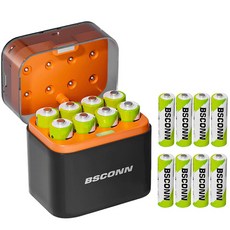 BSCONN 건전지 충전기 케이스 + 3600mWh AA 충전지 8P 장난감용 충전식 리튬이온 배터리 세트, 1세트