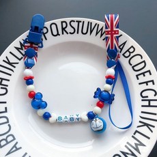 嬰兒奶嘴防掉鏈[2送1]寶寶牙膠防掉鏈奶嘴玩具防丟繩咬咬樂防掉帶便携式 带铃铛玩具防丟帶, 深藍米字旗叮噹貓鈴鐺, 1個