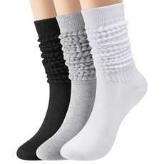 여성용 슬라우치 양말 3쌍 긴 겨울 허벅지 높이 부츠 스크런치 양말 따뜻하고 부드러운 사이즈 5-11 블랙 화이트 원사이즈 129843, 블랙, 화이트, 라이트 그레이