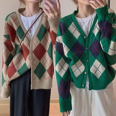 여성 패턴 아가일 다이아 가디건 URK-400, 그린 / FREE