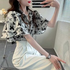 여성 여름 파워숄더 블라우스 퍼프소매 반팔 셔츠 탑 프린팅 블랙