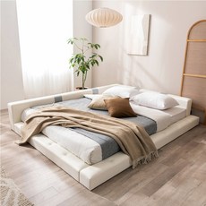 젠티스 스퀘어 시리즈 저상형 슈퍼싱글 퀸 패밀리 침대프레임, 비앙코 PU 가죽 (화이트 프레임만)