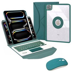 Powerway 2024 iPad Pro 11吋(M4) 專用藍牙鍵盤皮套保護殼組 (含無線滑鼠) ，提升平板使用體驗, 軍墨綠(綠色圓鍵/綠色滑鼠/綠色保護殼), 剪刀腳巧克力式鍵帽