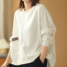 AOKADA 여성 봄 가을 오버핏 라운드 포켓 맨투맨 티셔츠