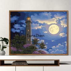 【TangZhen】유화그리기 유화그리기세트 디지털 유화 풍경 지중해 대폭 거실 야색 디지털 채색 손그림 장식화 호숫가 별장, 40*50 어셈블리 외곽선(색상 노트) 추가, 012 월하등대, 1개