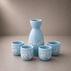 잔집사 일본감성 복고양이 플라워 사케잔세트 도자기 홈술잔, 블루(5P), 1세트