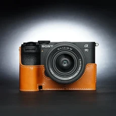 Roadfisher 가죽 필름 카메라 보호 케이스 커버 소니 A7C2 용 기본 그립 어깨 벨트 넥 스트랩, 03 Yellow Brown Case