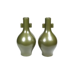 《博古珍藏》清乾隆茶葉末釉貫耳瓶一對 高35公分老件花瓶瓷器 底價回饋
