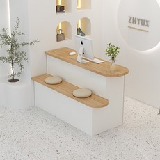 新款服裝店收銀台女裝店鋪吧台桌，簡約現代小型童裝美甲店前台收銀台，吧台櫃檯儲物台, 1個, 白色+奶油杏仁(桌面圓弧在右) 站在吧台,80x75x90cm