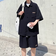 時尚休閒襯衫套裝男士夏季韓版休閒痞帥寬鬆潮牌短袖短褲酷帥一套