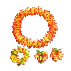 YSSHOP 하와이안 레이 세트 인조 꽃 여름 목걸이 머리띠 손목 장식 화환 화환 여성용 웨딩 풀 비치 무대 쇼, ABS 천, 오렌지 레드