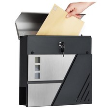 現代輕奢不銹鋼信箱，掛壁式帶報紙架郵筒，易安裝戶外報箱，堅固耐用防鏽, 銀灰色方格鑰匙款, 銀灰色