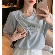 수유 티셔츠 봄여름 반팔 순면 수유 상의 루즈핏 레터링 프린트 날씬해 보이는 산후조리