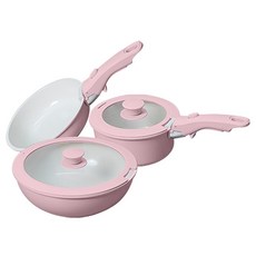 Leicast 원터치 탈착 손잡이 논스틱 냄비 3종 세트, 1세트, 우유 팬 + 프라이팬 + 깊은 프라이팬, 핑크