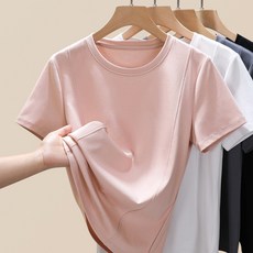 여성용 실크감 코튼 반팔 티셔츠 여름용 라운드넥 슬림핏 코튼 티셔츠 고급 이너웨어 아이스 실크