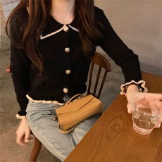 투니스 여성 무드 슬림핏 프릴 긴소매 니트 가디건