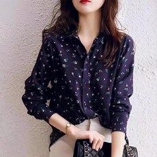 shiny藍格子復古港味碎花翻領寬鬆長袖襯衫上衣V3616，舒適百搭展現獨特港風