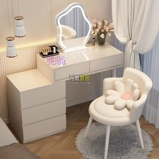 奶油風梳妝臺現代簡約收納櫃床頭櫃化妝臺一體書桌伸縮化妝桌2022, 三抽邊櫃,Q白色100桌+櫃（無鏡無凳）, 1個