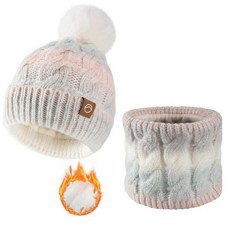 Bodvera 여성용 겨울 비니 모자 스카프 세트 보온 플리스 안감 폼폼 따뜻한 니트 넥 추운 날씨 2 In1 아이스크림 화이트 단일 사이즈